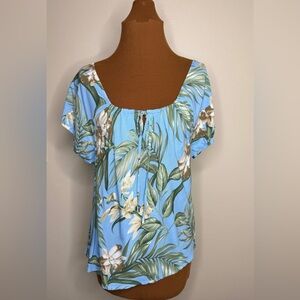 Hibiscus Collection Hawaii Tropical Leaf Print Blouse Size Medium
